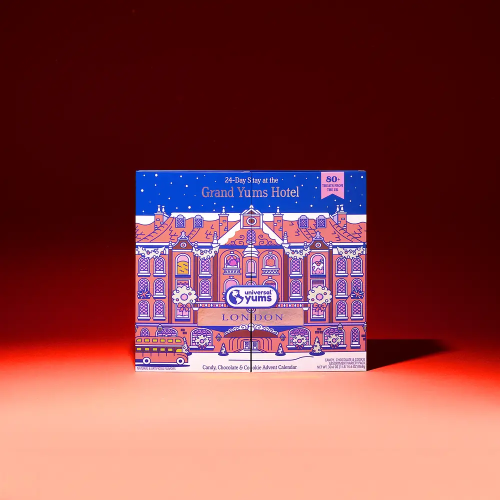 The Grand Yums Hotel London advent calendar opens, then a few of its doors open to show the treats inside.
