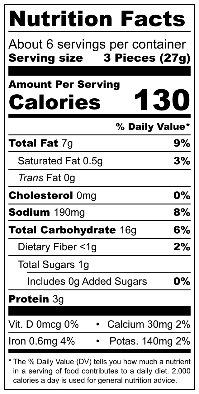 Tomato & Oregano Bruschetta Bites nutritional label