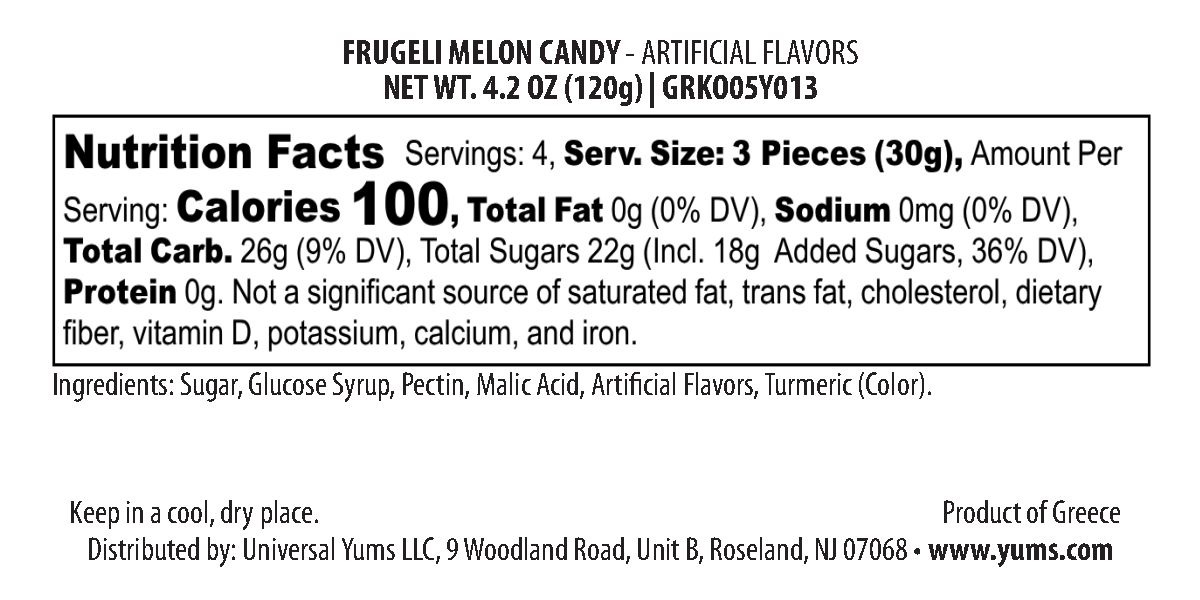 Kokos Frugeli Melon nutritional label