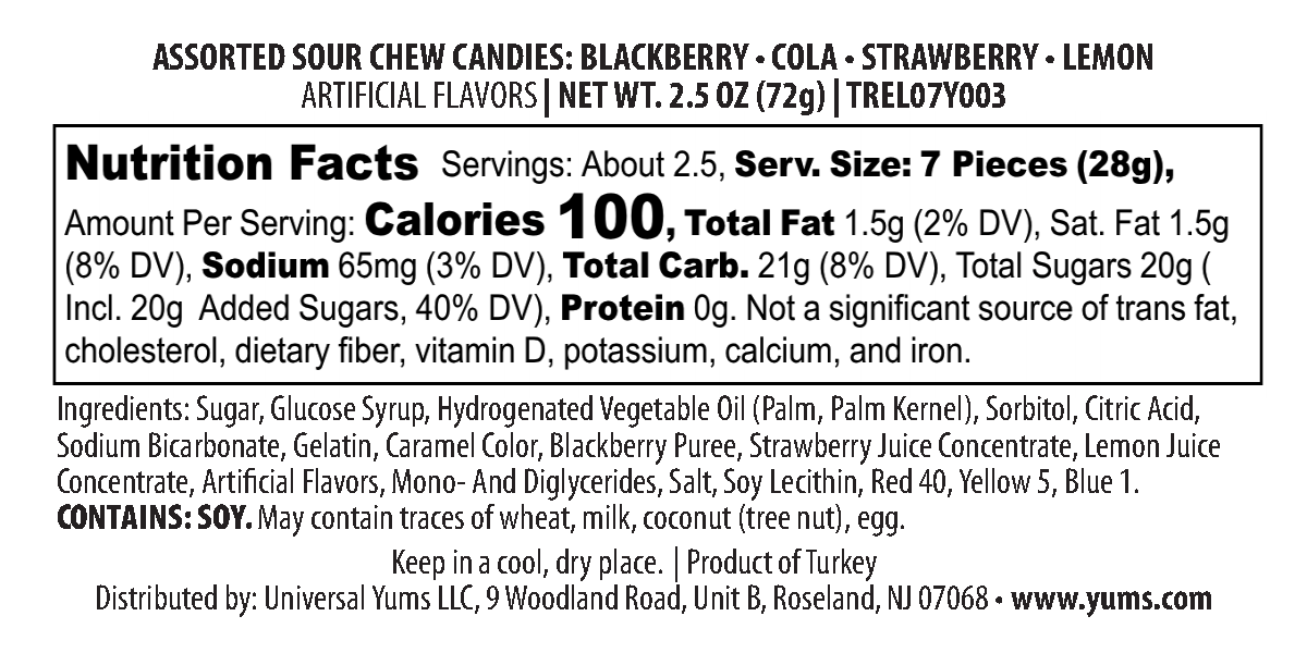 Elvan Toffix Sour - Assorted Flavors nutritional label