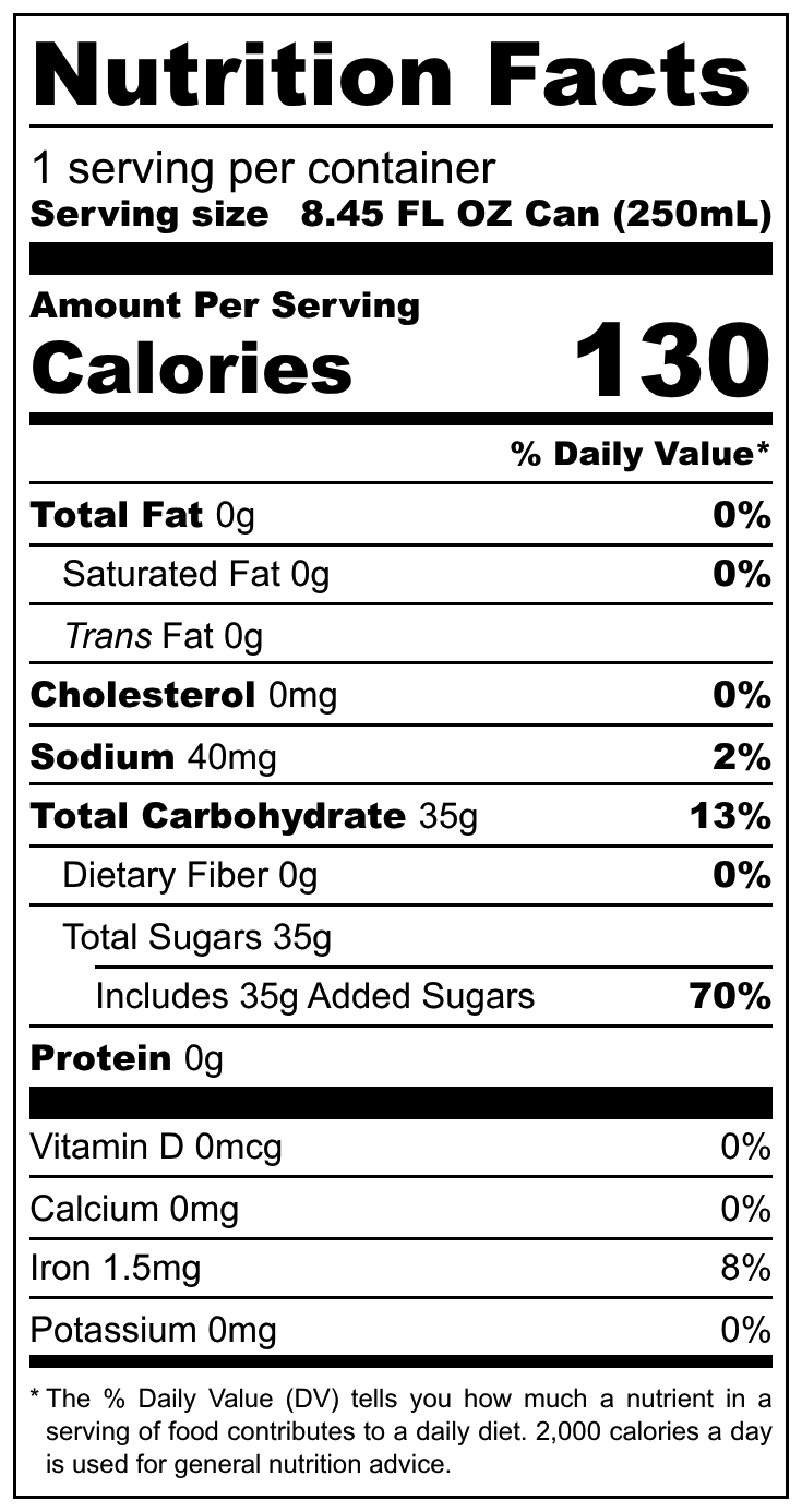 Pakola Soda nutritional label