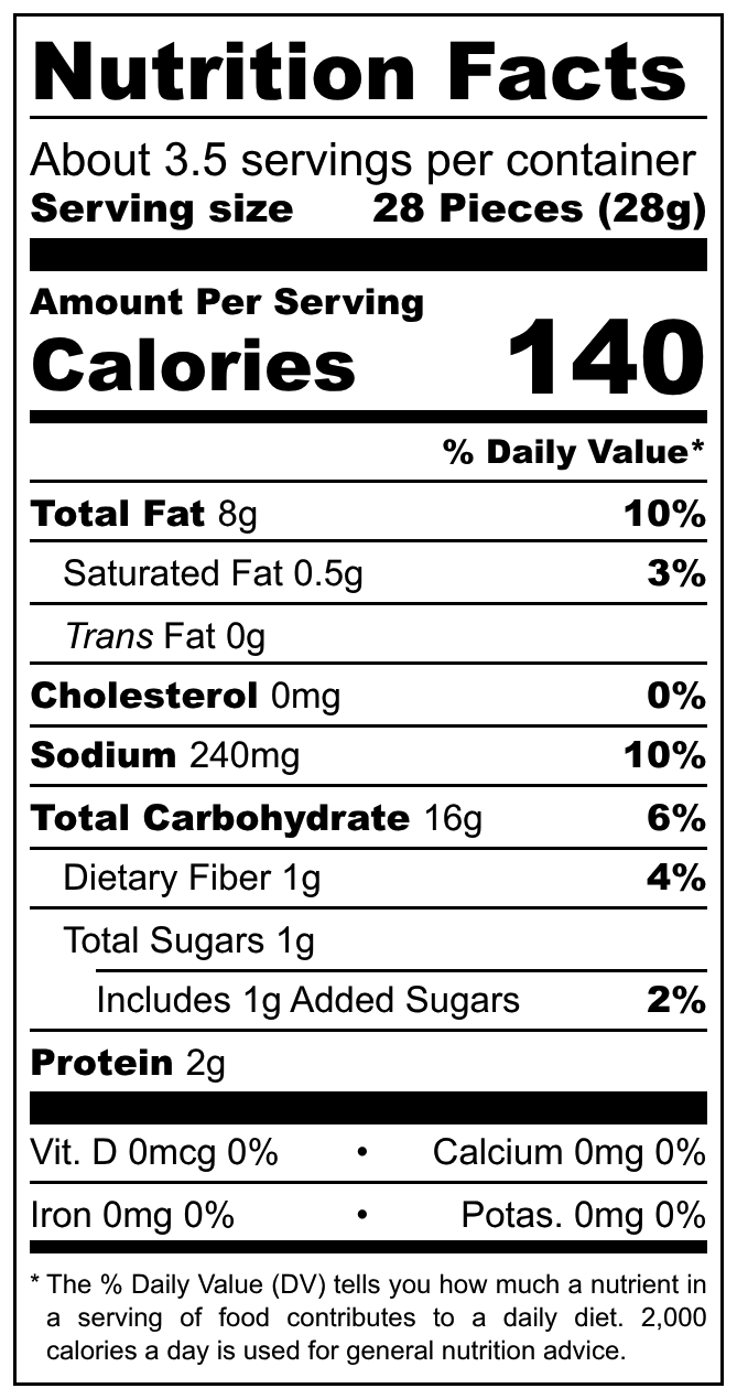 XOX Hot Dog Snack nutritional label