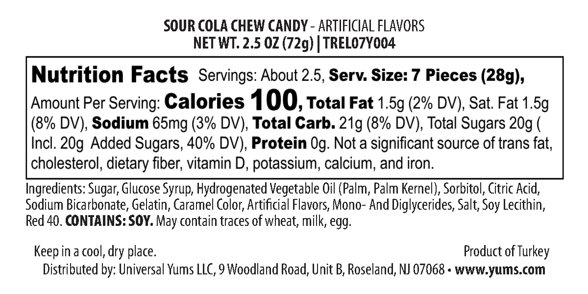 JoJo Whacky Chews nutritional label