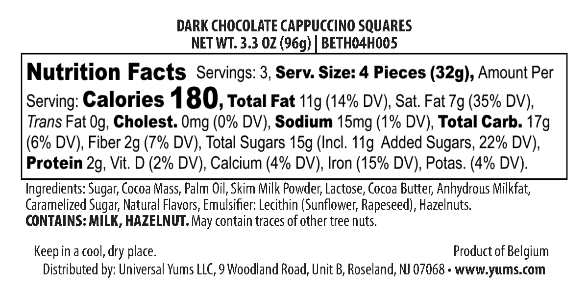 The Belgian Dark Cappuccino Squares nutritional label