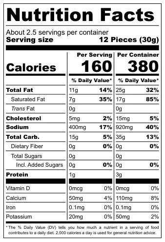 Bel D'Or Onion Garlic Nibbles nutritional label