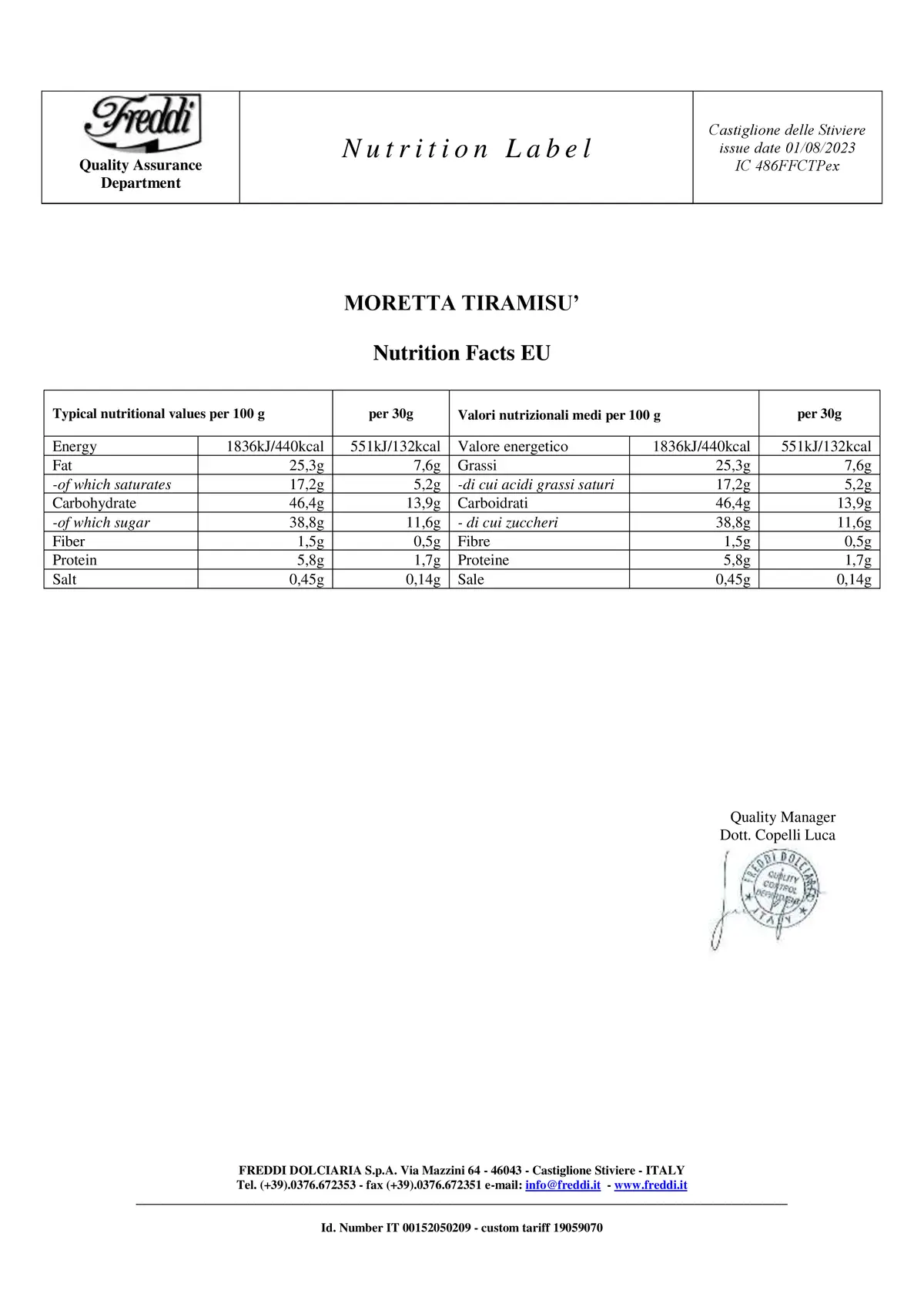 Tiramisu Cream-Filled Cake nutrition facts